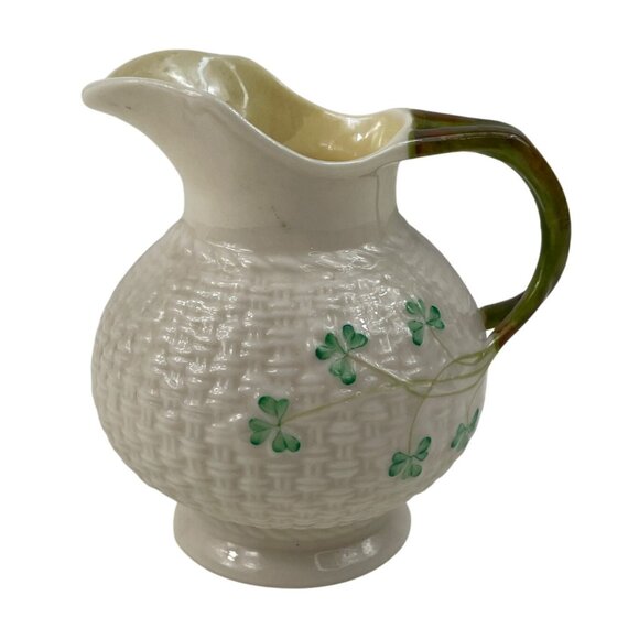 Belleek Eggshell Porcelain Creamer Saucer Shamrock Irish Basket Weave - Picture 1 of 10